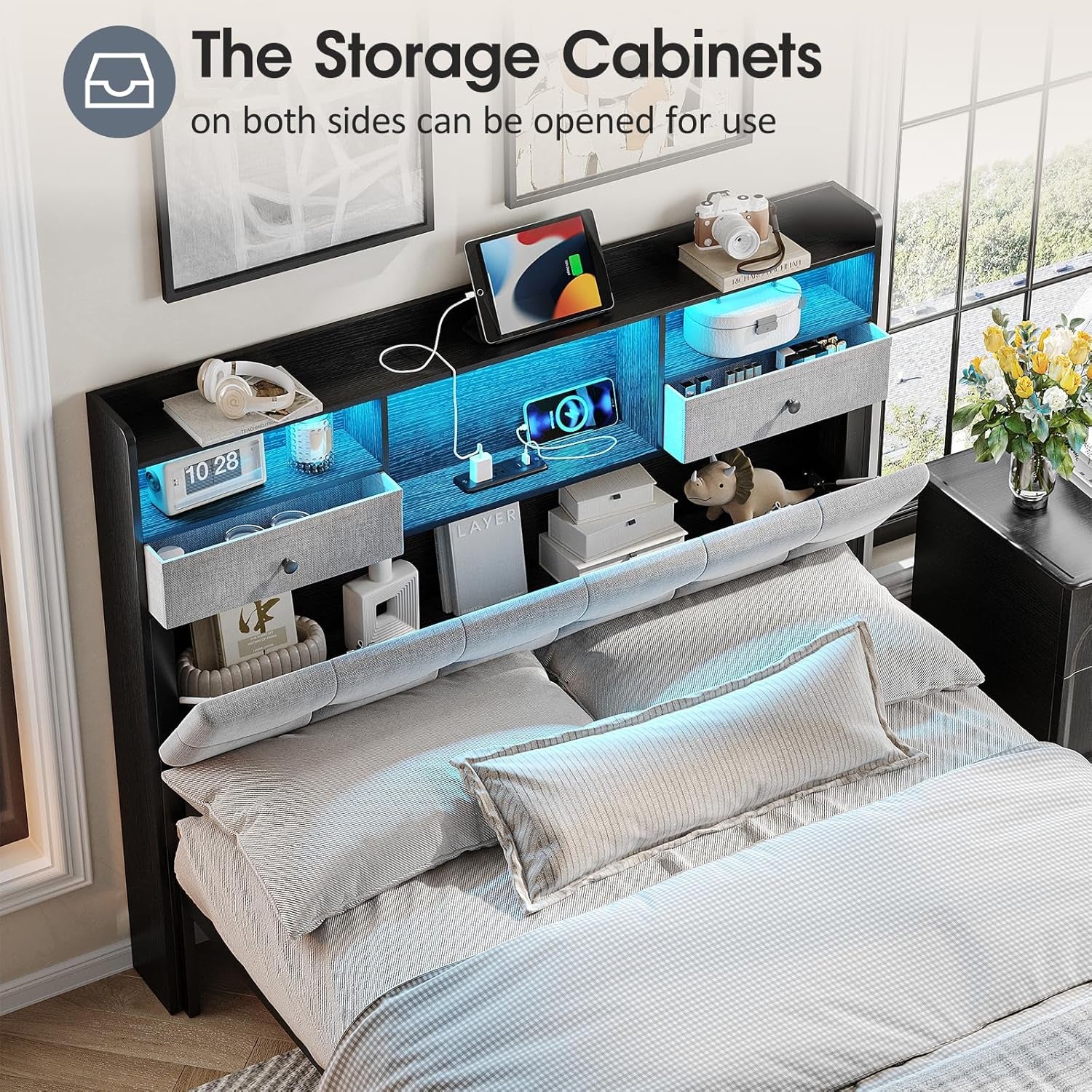 Headboard Queen Size with Storage, Queen Headboard Only with 2 Drawers, Charging Station and LED Lights, Upholstered Headboards Easy Assembly, Black&Grey