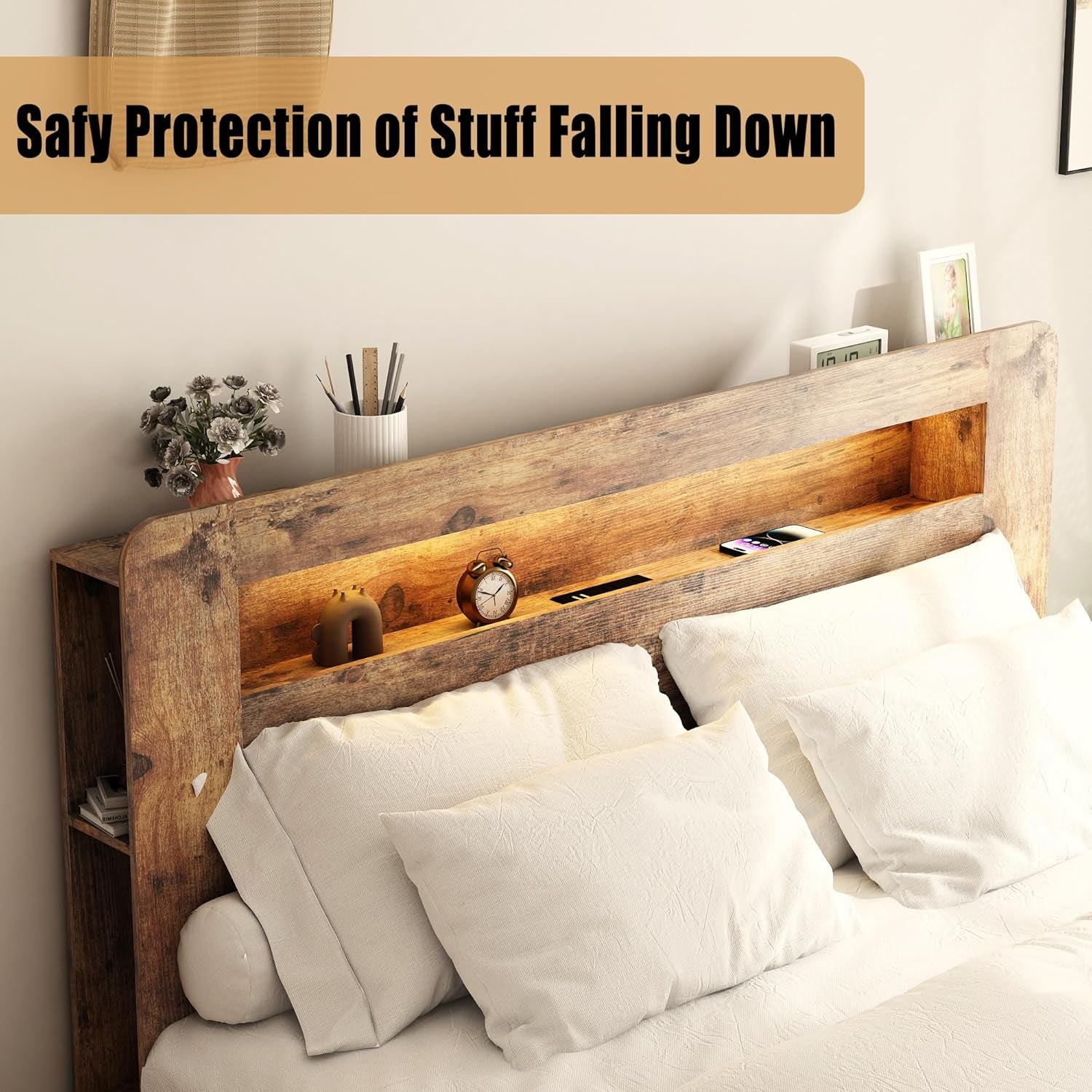 Wooden Bed Frame Queen Size with Storage Headboard, Farmhouse Platform Bedframe with Bookcase Shelf & Led Lights, Sturdy Wood Slat Framework Bed Frame (Rustic Brown)