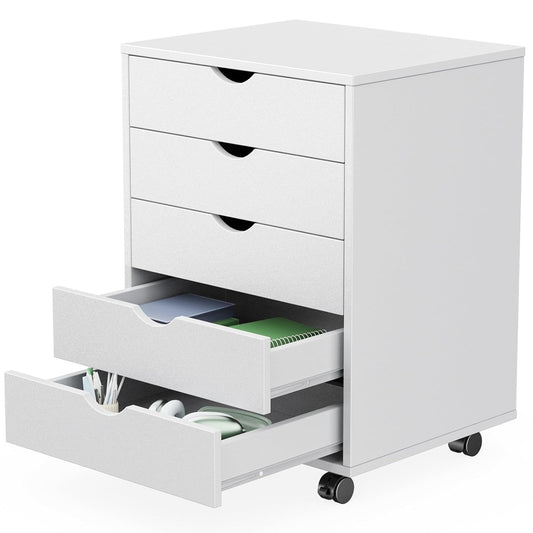 5 Drawer Chest Mobile Storage Cabinets Small Wooden Dresser with Wheels Room Organization Furniture for Office Home, White Wood