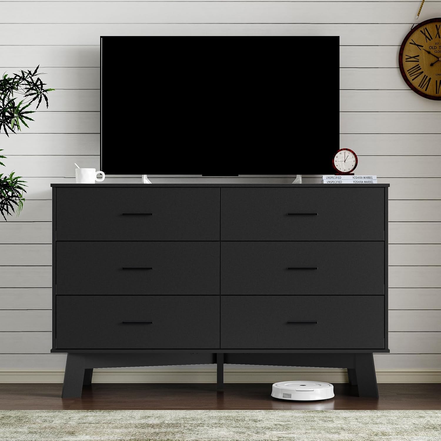 Dresser for Bedroom with 6-Drawer, 47.2" Modern Chest of Drawers with Metal Handles, X-Shape Base & Adjustable Center Leg, Anti-Tip Closet Organizers and Storage