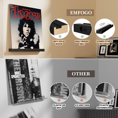 Vinyl Record Shelf Wall Mount, 6 Pack Album Record Holder Wall, 12 Inch Vinyl Record Storage Shelves Wall, Wood Record Display for Living Room(Black)