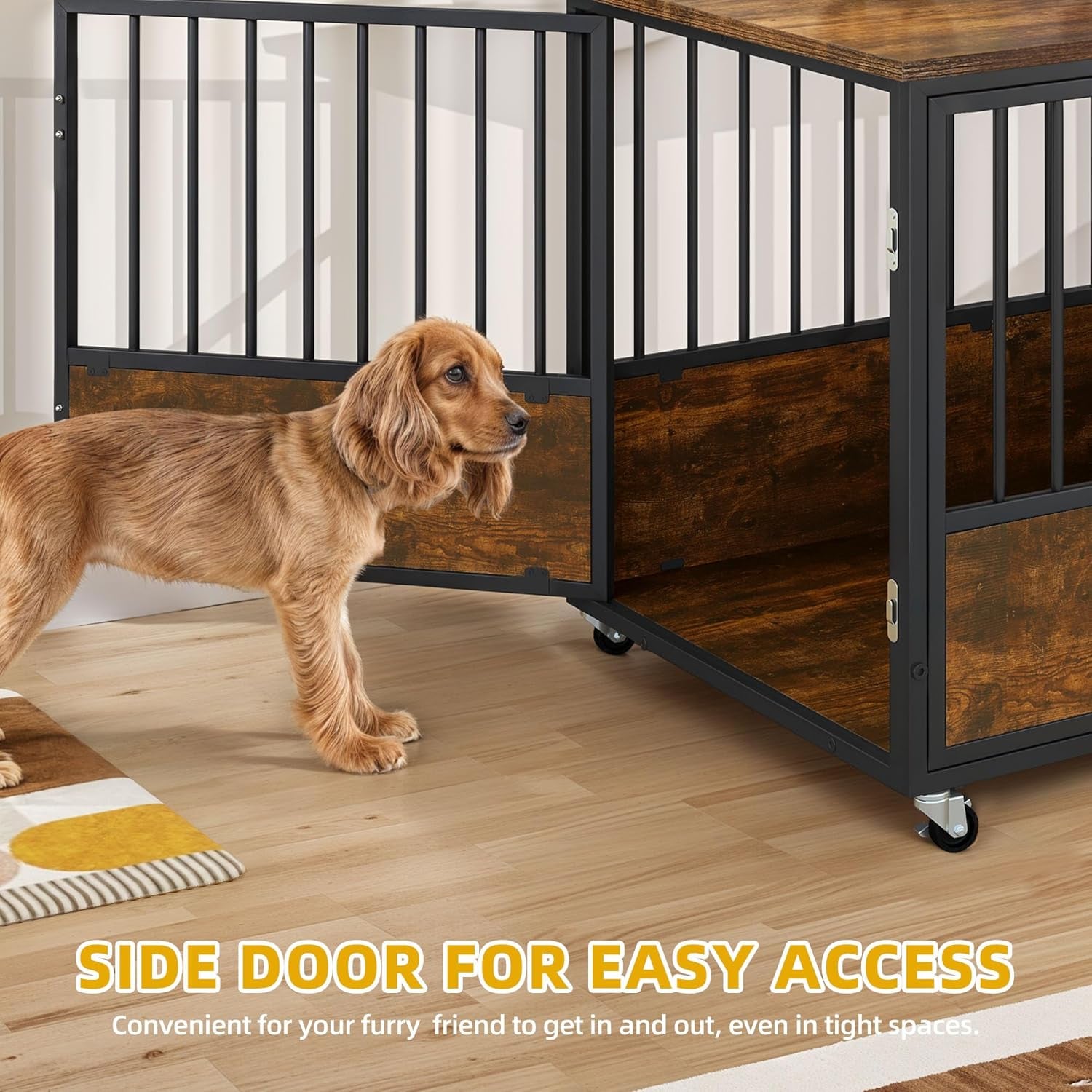 Dog Crate Furniture with Wheels, 43 Inch Dog Kennel Indoor Furniture End Table Dog Crate for Dogs, Farmhouse Decorative Wooden Dog Cage Table with Double-Doors, Chew-Resistant, Rustic Brown