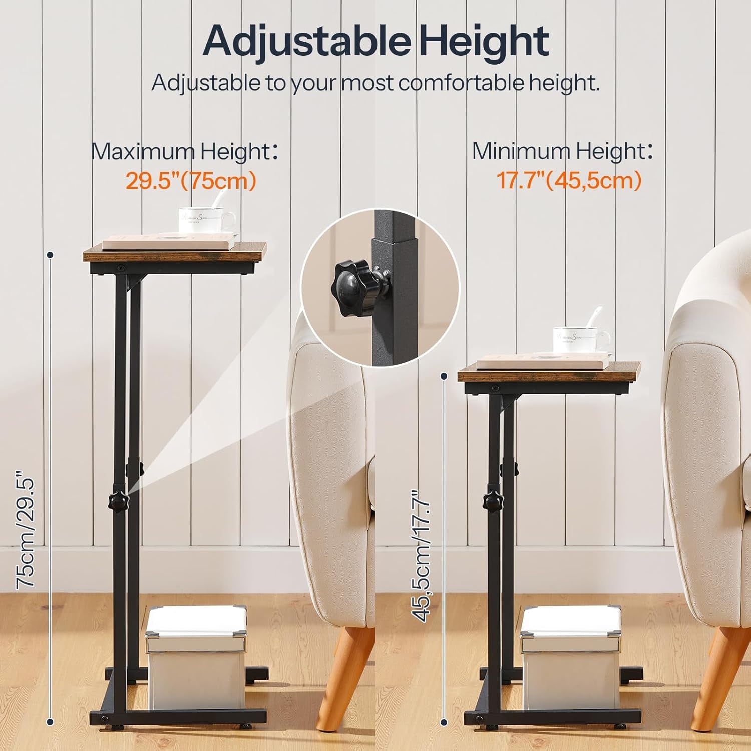 C Shaped End Table, Adjustable Height Side Table for Sofa, Couch Table for Small Space, Slide under Small Tray Side Table for Living Room, Bedroom, Rustic Brown and Black BF71SF01