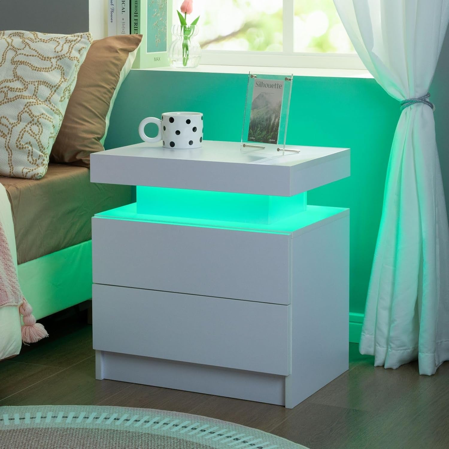 Nightstand Set of 2 LED Nightstand with 2 Drawers,Night Stand Set 2 with LED Light,Bedside Table with Drawers for Bedroom,White
