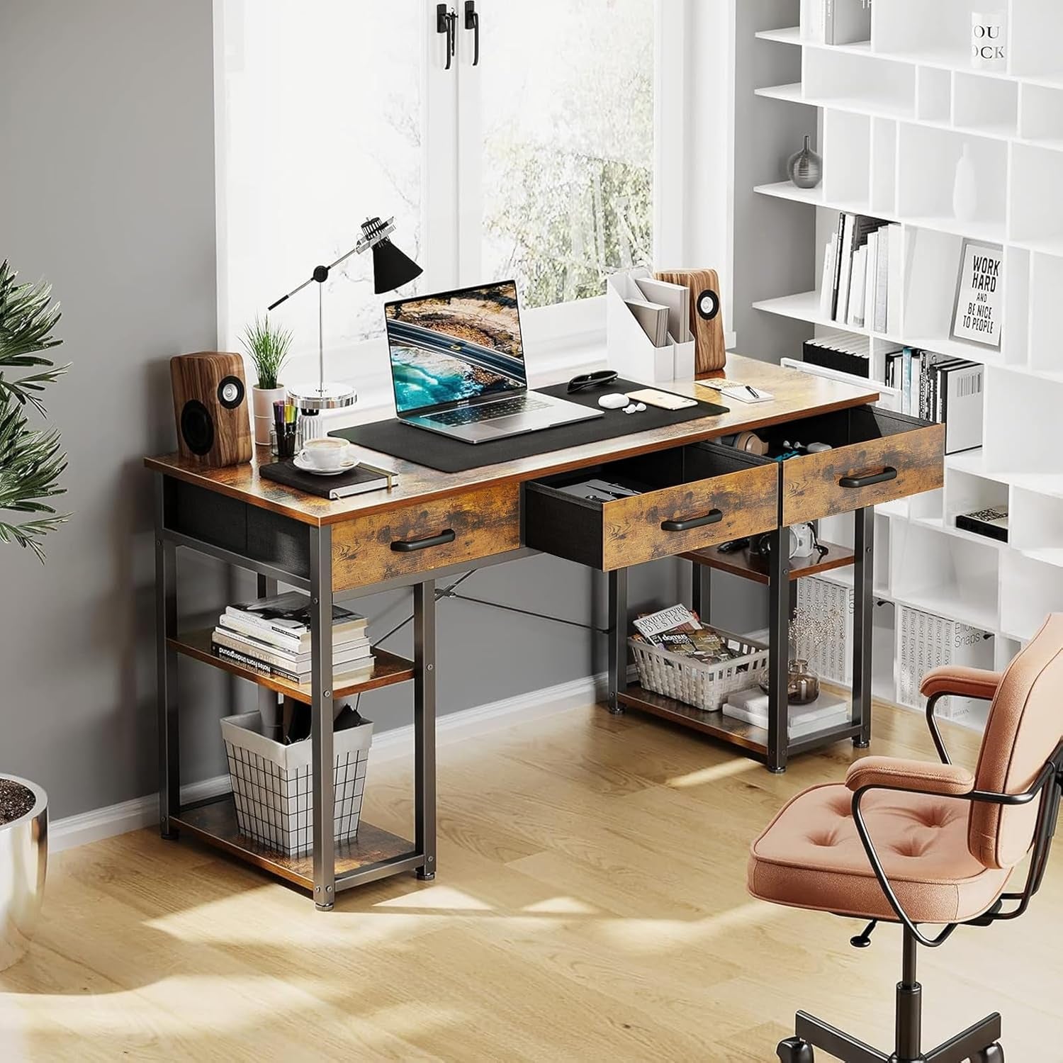Office Small Computer Desk: Home Table with Fabric Drawers & Storage Shelves, Modern Writing Desk, Vintage, 48"X16"