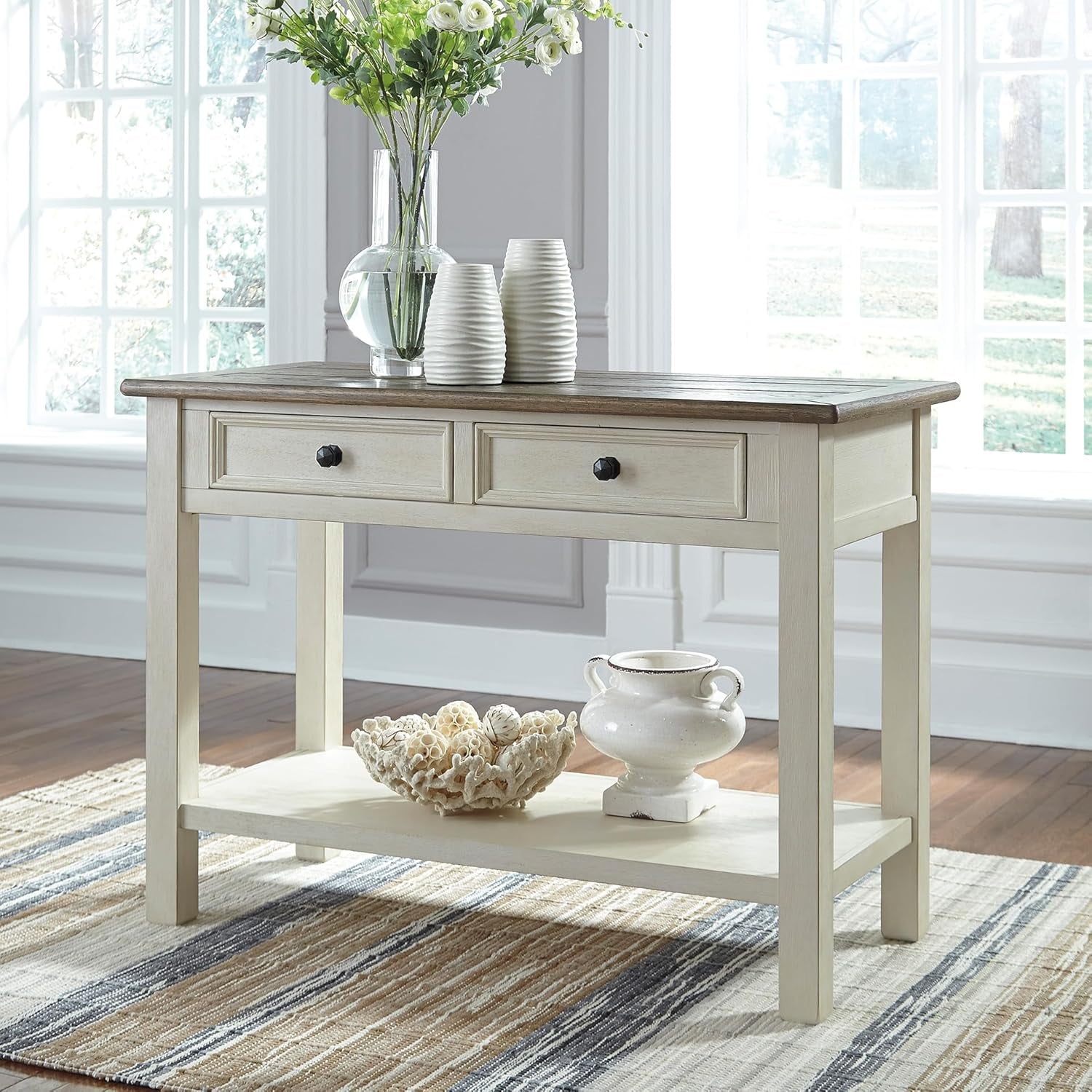 Bolanburg Sofa Table, Two‑Tone Wood Console with Drawers, Antique Finish with Metal Hardware, Ideal for Entryway or Living Room Display, Antique White