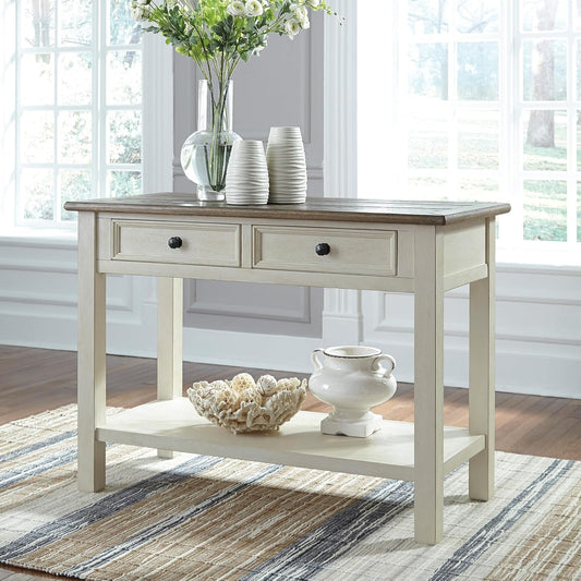 Bolanburg Sofa Table, Two‑Tone Wood Console with Drawers, Antique Finish with Metal Hardware, Ideal for Entryway or Living Room Display, Antique White