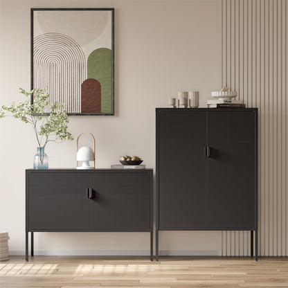 Black Metal Cabinet with Adjustable Shelves, 47”H Industrial Buffet Sideboard & Coffee Bar Station, Ventilated Steel Storage Cabinet with Magnetic Doors for Kitchen, Office, Living Room