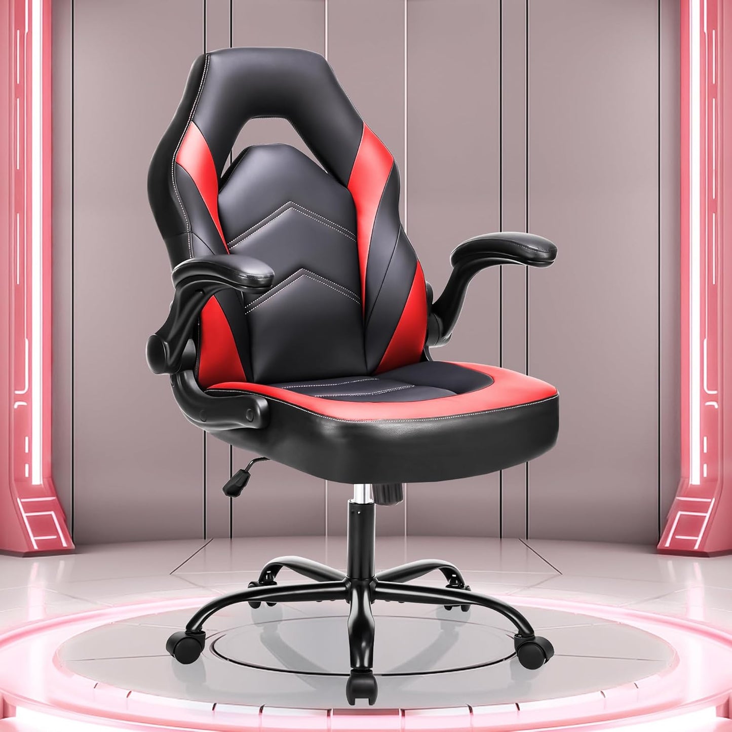 Computer Gaming Desk Chair - Ergonomic Video Game with Comfy Lumbar Support and Headrest, PU Leather with Flip-Up Arms, Adjustable Height and Swivel Wheels, for Adults, Black and Red