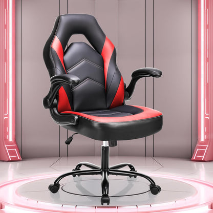 Computer Gaming Desk Chair - Ergonomic Video Game with Comfy Lumbar Support and Headrest, PU Leather with Flip-Up Arms, Adjustable Height and Swivel Wheels, for Adults, Black and Red