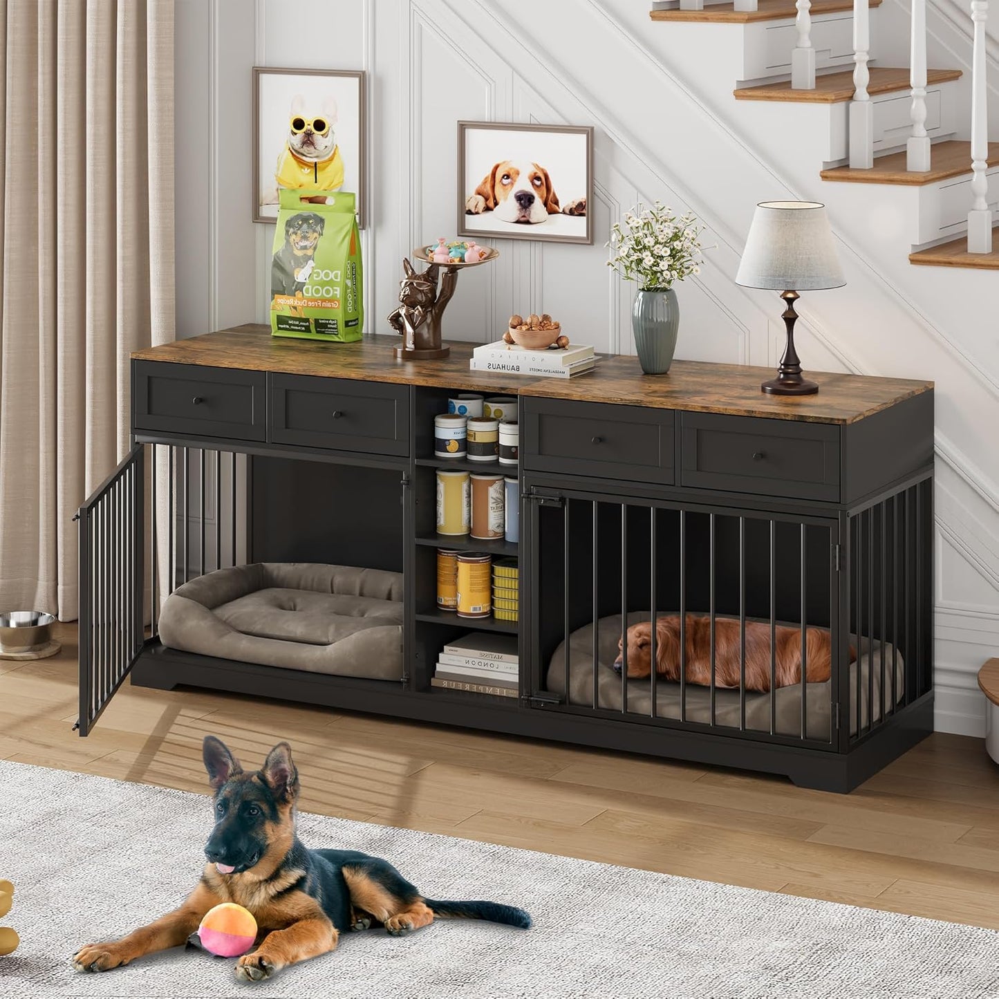 82” Large Dog Crate for 2 Dogs, Dog Kennel Indoor with 4 Drawers and Shelves, Double Dog Crate Furniture TV Stand, Wooden Dog Cage for Medium Large Dogs, Black