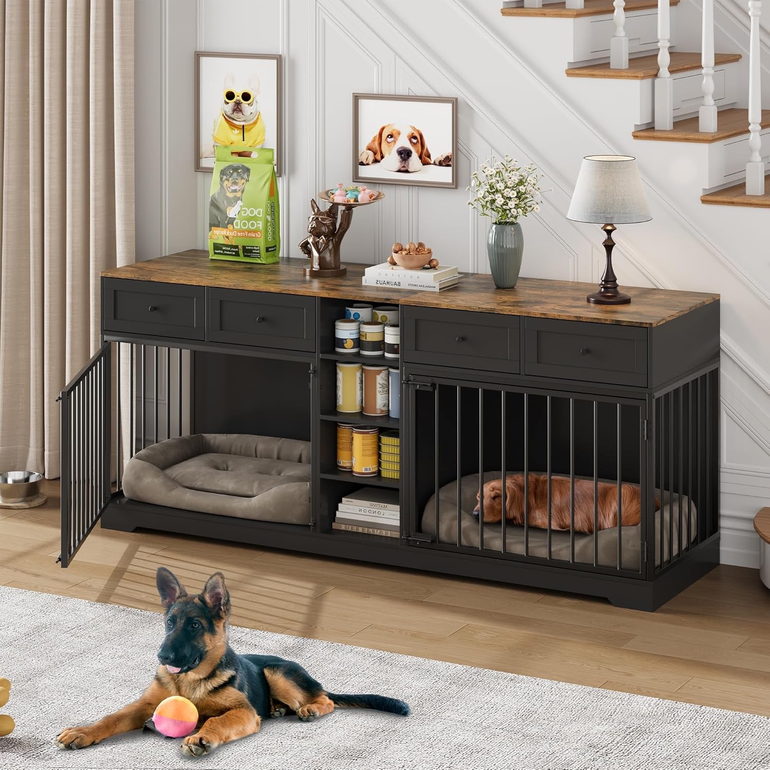 82” Large Dog Crate for 2 Dogs, Dog Kennel Indoor with 4 Drawers and Shelves, Double Dog Crate Furniture TV Stand, Wooden Dog Cage for Medium Large Dogs, Black