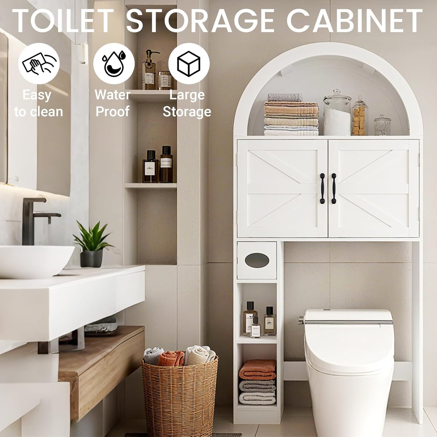 Over the Toilet Storage Cabinet, Farmhouse Bathroom Organizers and Storage with 2 Barn Door & Toilet Paper Holder Stand，Home Space-Saving Toilet Rack, for Bathroom, Restroom and Laundry, White