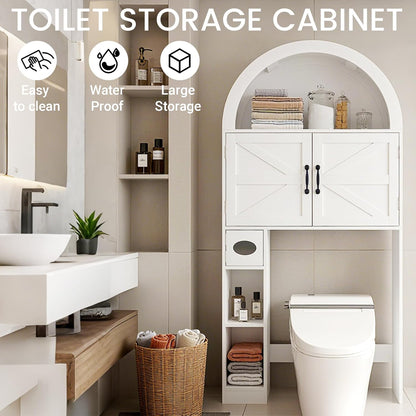Over the Toilet Storage Cabinet, Farmhouse Bathroom Organizers and Storage with 2 Barn Door & Toilet Paper Holder Stand，Home Space-Saving Toilet Rack, for Bathroom, Restroom and Laundry, White