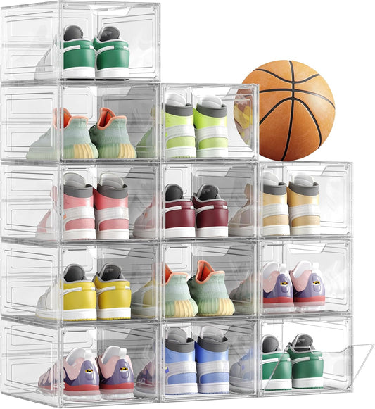 Shoe Boxes, Clear Shoe Organizers, Set of 12, Plastic Shoe Storage with Clear Door, Easy Assembly, up to US Size 13, Transparent White ULSP032W12