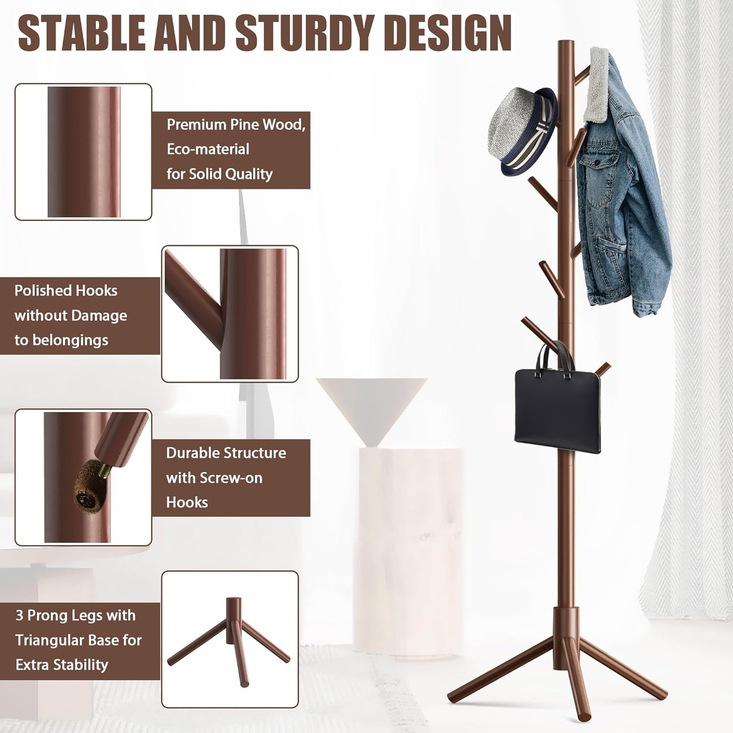 Wooden Coat Rack Stand with 8 Hooks New Zealand Pine 3 Adjustable Coat Standing Tree Easy Assembly for Coats, Hats, Scarves and Handbags for Entryway, Hallway, Bedroom, Office