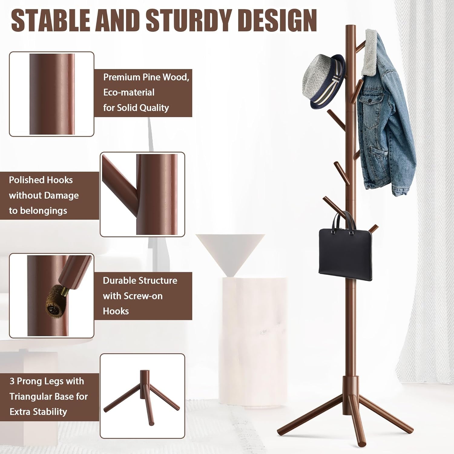 Wooden Coat Rack Stand with 8 Hooks New Zealand Pine 3 Adjustable Coat Standing Tree Easy Assembly for Coats, Hats, Scarves and Handbags for Entryway, Hallway, Bedroom, Office