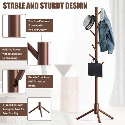 Wooden Coat Rack Stand with 8 Hooks New Zealand Pine 3 Adjustable Coat Standing Tree Easy Assembly for Coats, Hats, Scarves and Handbags for Entryway, Hallway, Bedroom, Office