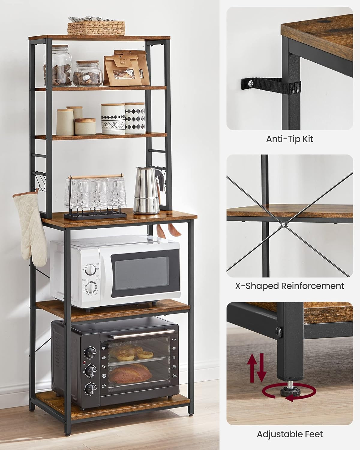 Coffee Bar, 39.4 Inches Baker'S Rack for Kitchen with Storage, 6-Tier Kitchen Shelves with 6 Hooks, Microwave Stand, Industrial, Greige and Black UKKS039K02