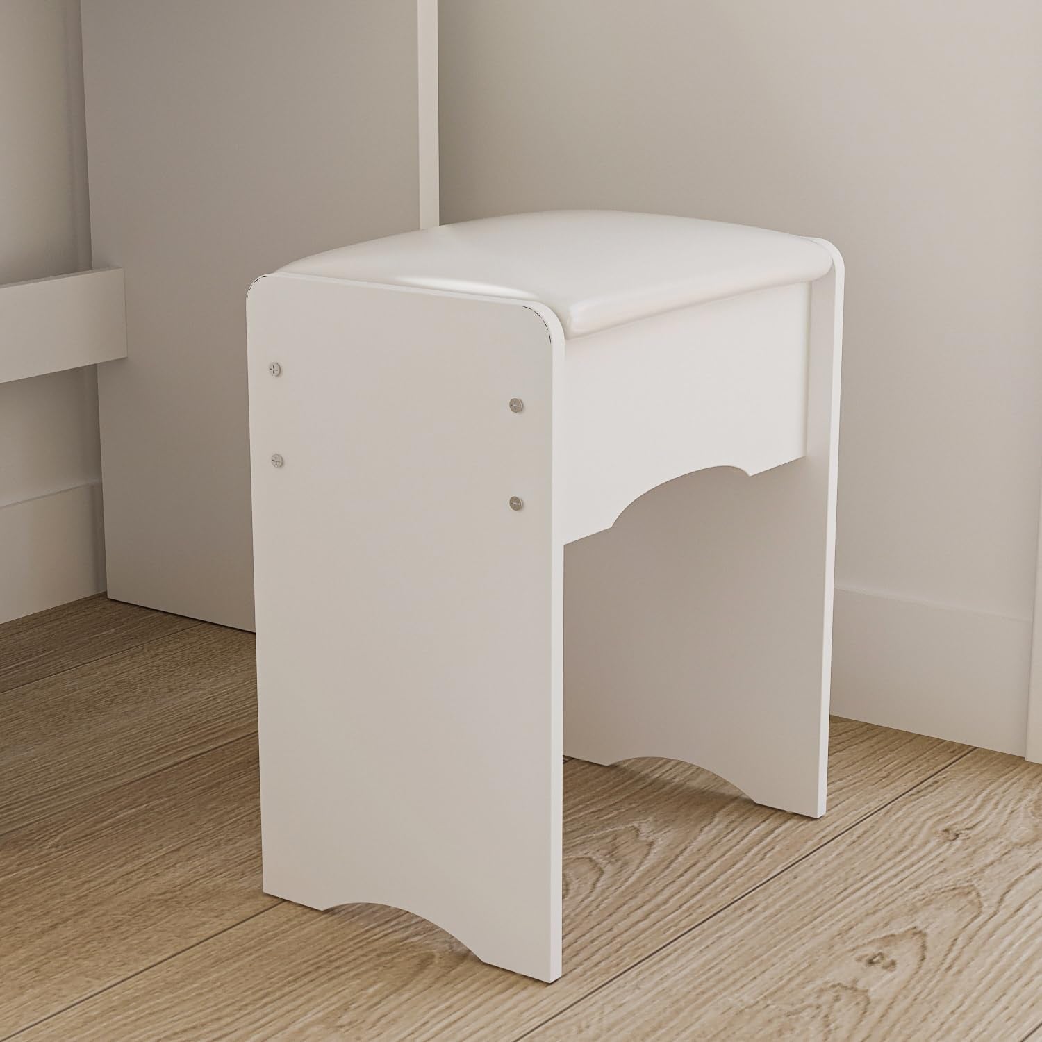 White Vanity Set with round Lighted Mirror, Makeup Vanity Dressing Table with 5 Drawers, Shelves, Dresser Desk and Cushioned Stool