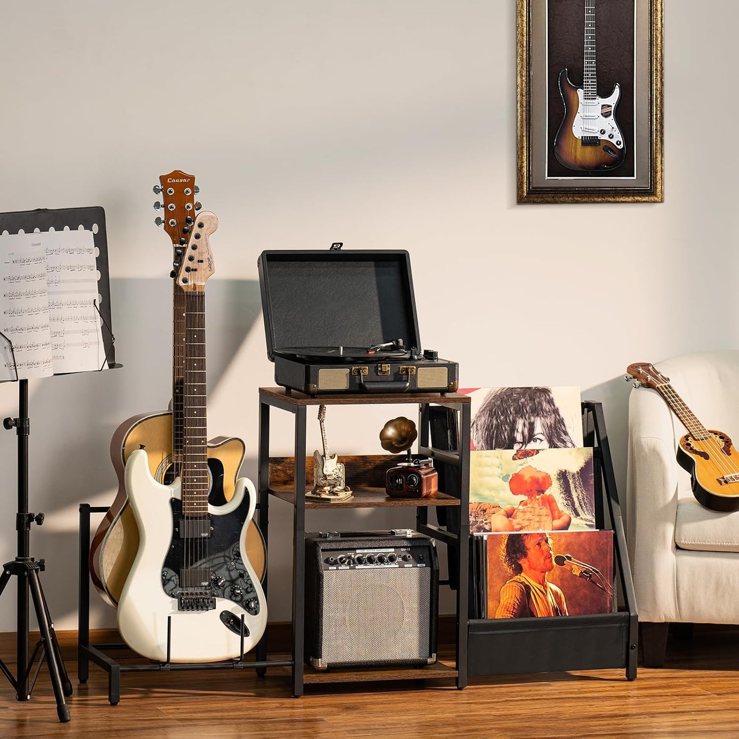 Record Player Stand, Adjustable Guitar Stand for Acoustic Guitar, Electric Guitar, Bass, Turntable Stand with Vinyl Display Shelf Storage up to 150 Albums,Brown End Table for Music Room