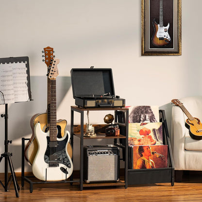 Record Player Stand, Adjustable Guitar Stand for Acoustic Guitar, Electric Guitar, Bass, Turntable Stand with Vinyl Display Shelf Storage up to 150 Albums,Brown End Table for Music Room