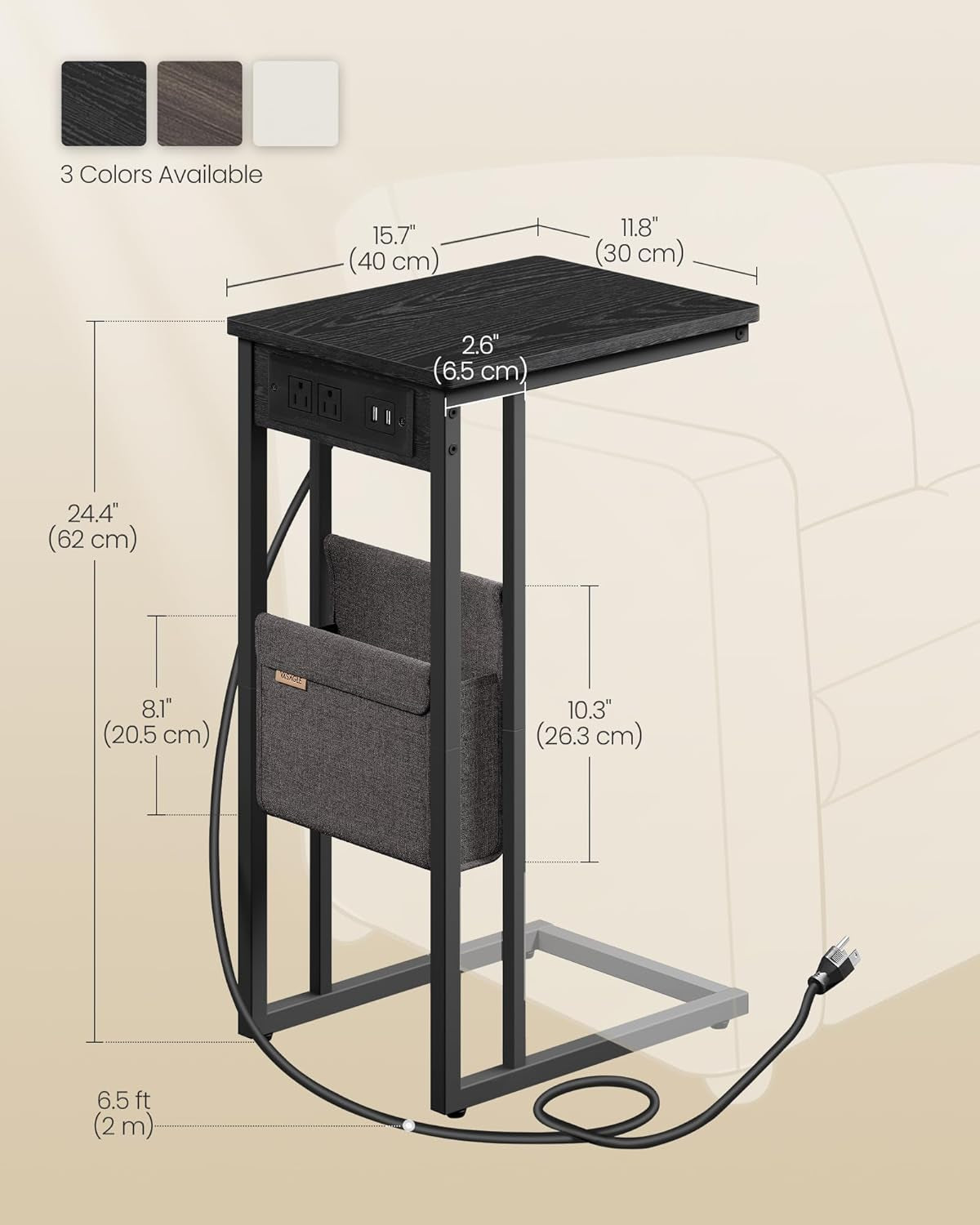 C-Shaped Side Table, End Table with Charging Station, 2 USB Ports and Outlets, C Table for Couch, Sofa, with Storage Bag, Adjustable Feet, for Bedroom, Living Room, Ebony Black ULET356B01