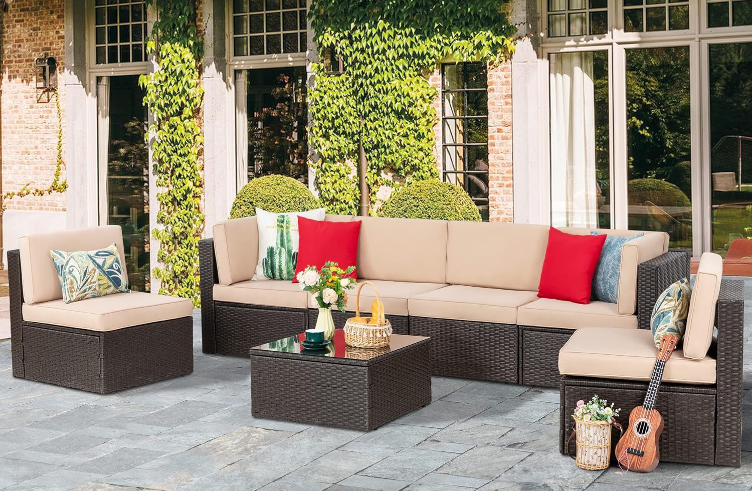 7 Pieces Patio Furniture Sets, Outdoor Modular Sectional Sofa Patio Conversation Set PE Rattan Wicker Sectional Couch with Cushion, Glass Table for Patio, Garden, Poolside, Beige