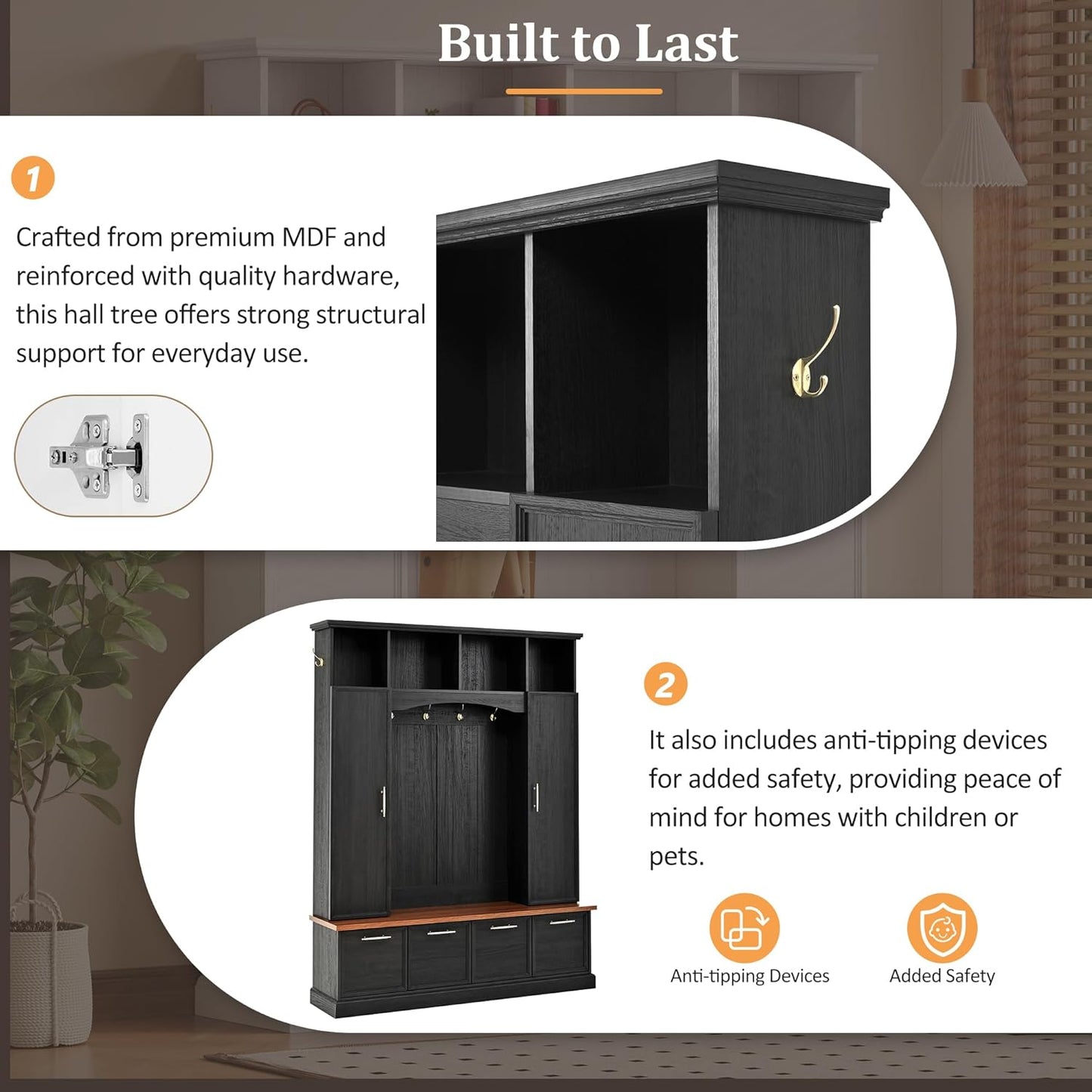 59" Farmhouse Hall Tree with Golden Hooks & Walnut Bench, Entryway Organizer with Adjustable Shelves, Shoe Storage, Anti-Tip for Mudroom, Living Room, Black