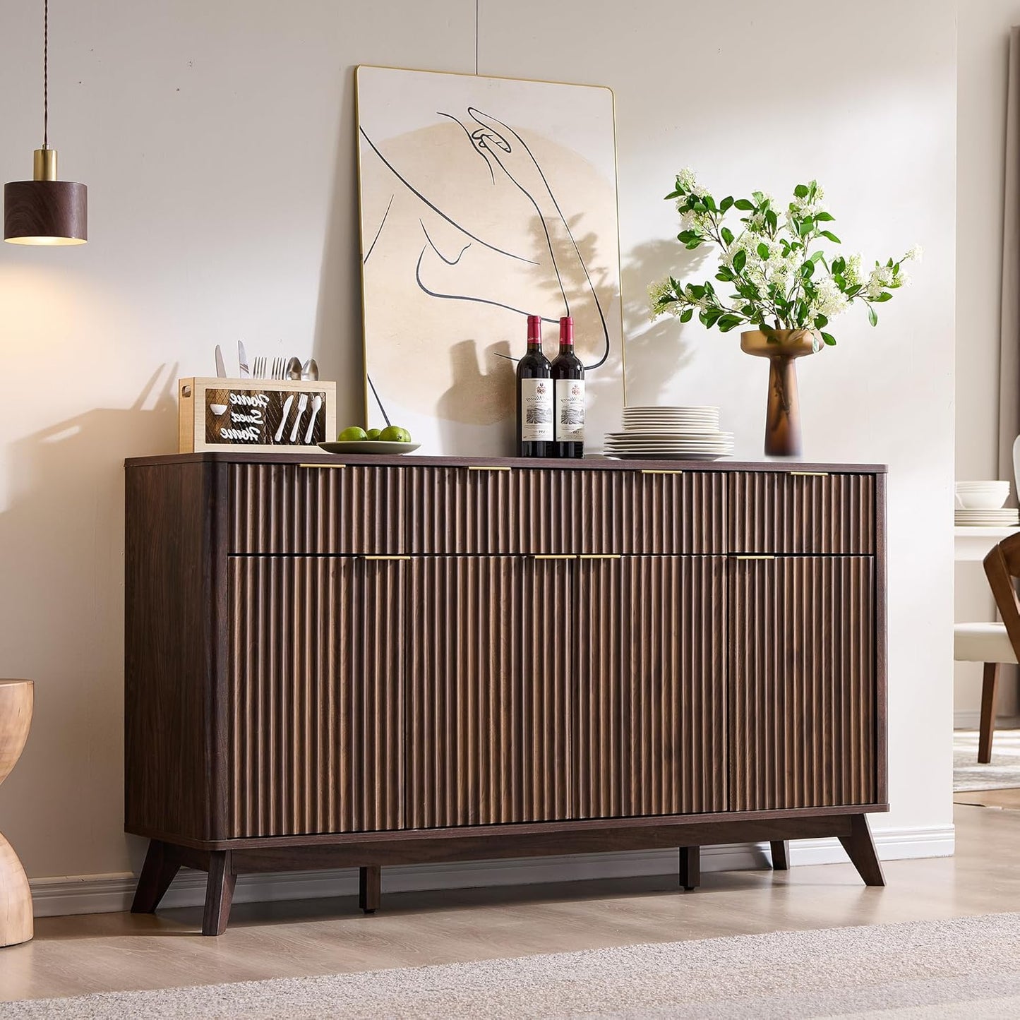 Fluted Buffet Sideboard Cabinet with Storages, 60" Large Modern Buffet Table Coffee Bar Wine Bar Storage Cabinet with 3 Drawers & 4 Doors for Dining Room, Living Room, Hallway(Dark Walnut)