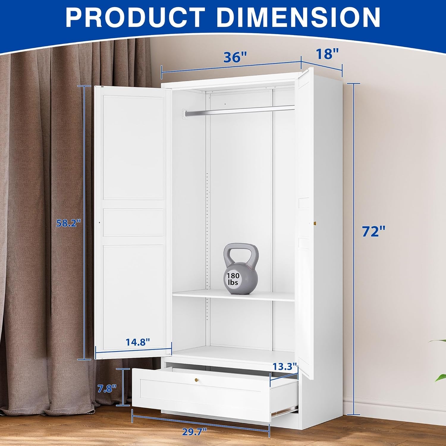 Metal Armoire Wardrobe Closet with 2 Doors 72'' Wardrobe Cabinet with Drawers and Hanging Rail Metal Closet with Adjustable Shelves for Bedroom. (White, with 1Drawer)
