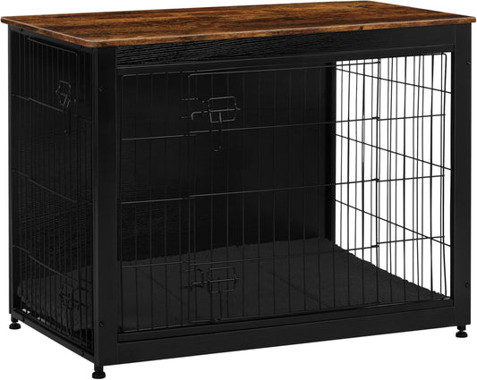 Dog Crate Furniture with Cushion, Wooden Kennel Table with Double Doors, Indoor Dog House, Large Size, 38.5" L, Black+Rustic Brown