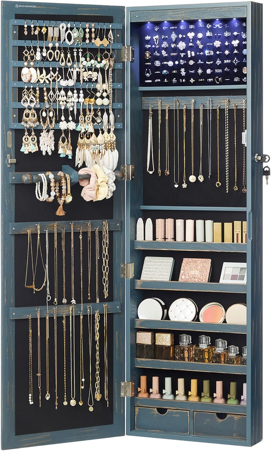 6 Leds Mirror Jewelry Cabinet, 47.2-Inch Tall Lockable Wall or Door Mounted Jewelry Armoire Organizer with Mirror, 2 Drawers, 3.9 X 14.6 X 47.2 Inches, White UJJC93W