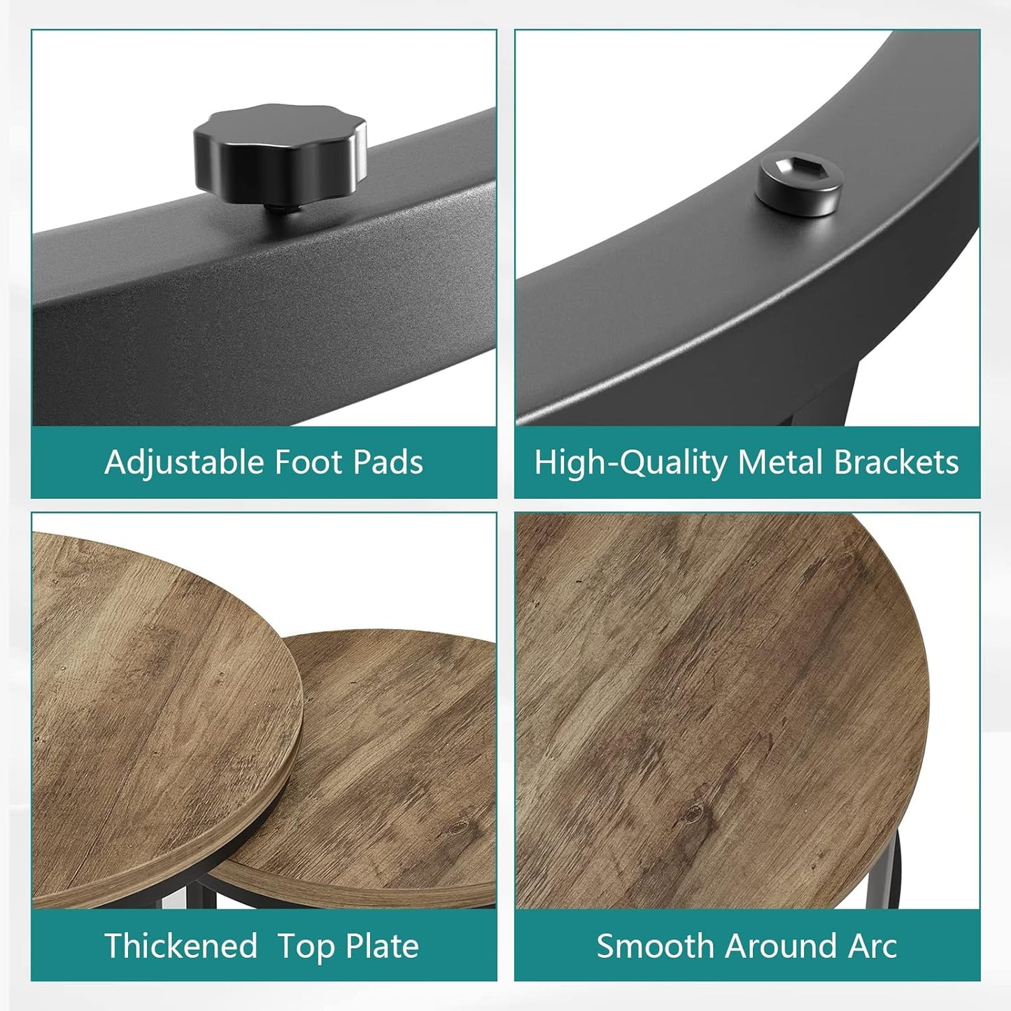 Nesting Coffee Table Set of 2, 23.6" round Coffee Table Wood Grain Top with Adjustable Non-Slip Feet, Industrial End Table Side Tables for Living Room Bedroom Balcony Yard