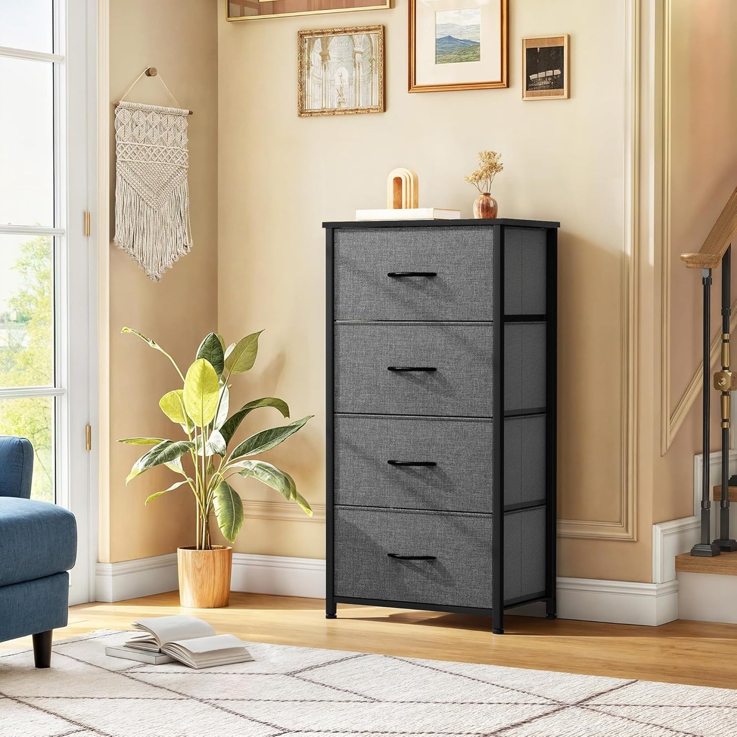 Storage Tower with 4 Drawers - Fabric Dresser, Organizer Unit for Bedroom, Living Room, Closets - Sturdy Steel Frame, Easy Pull Fabric Bins & Wooden Top