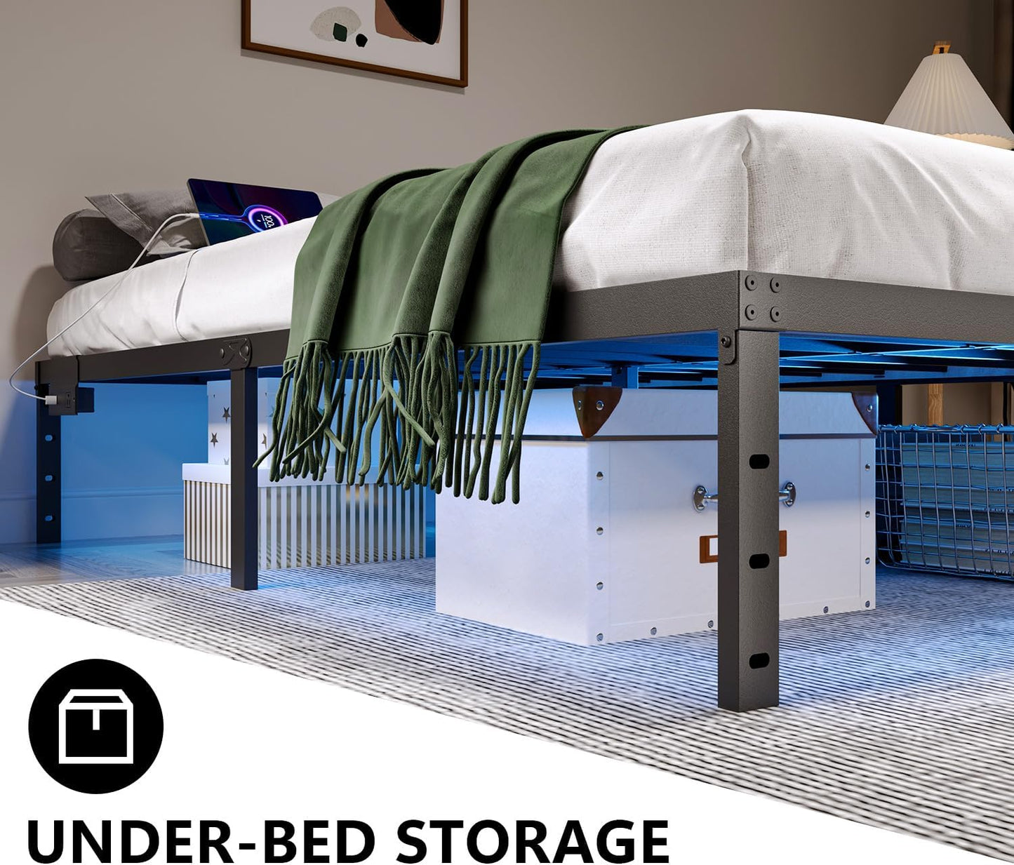 Twin Bed Frame with LED Lights & Charging Station - 14 Inch Heavy Duty Metal Platform Bed Frame No Box Spring Needed, Easy Assembly, No Noise