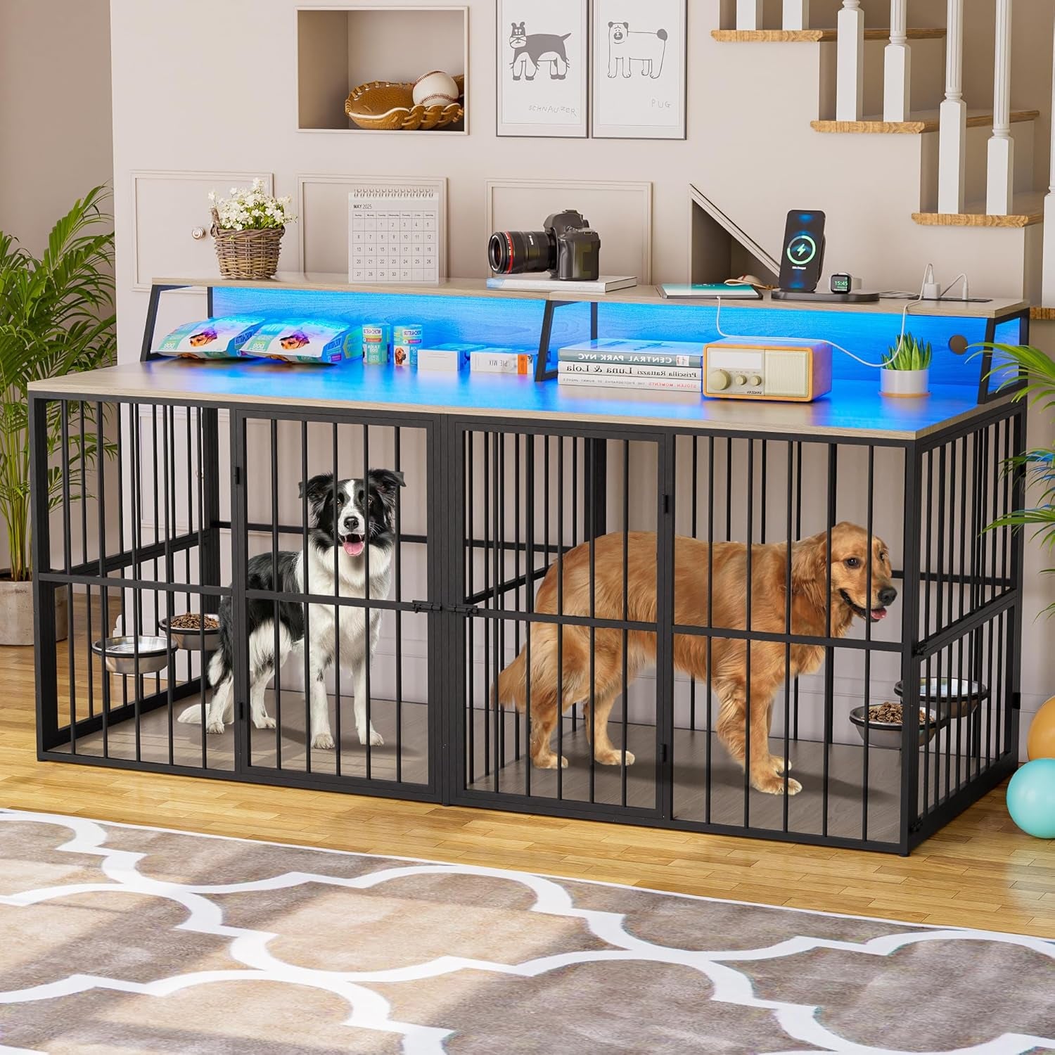 71" Dog Crate Furniture, Heavy Duty Large Dog Cage W/360° Rotating Feeder & LED Light & Power Outlets for 2 Dogs, XXL Double Dogs Kennel Furniture Indoor W/4 Lockable Doors & TV Stand Shelves