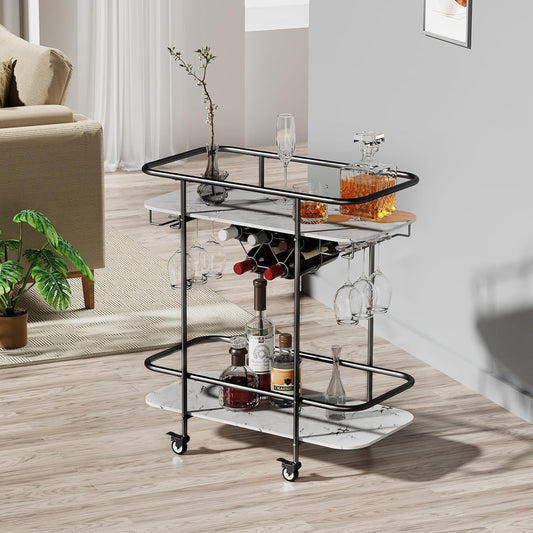 Black Home Bar Cart on Wheels, Mobile Serving Wine Cart with Glass Holder and Wine Rack, Modern Rolling Drink Trolley for Coffee Tea Wine, Beverage Bar Cart for Dinning Room Kitchen Party Black