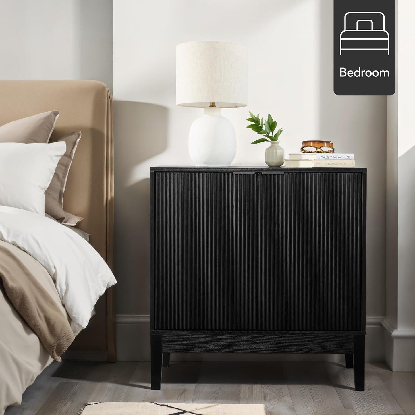 2-Door Modern Storage Cabinet, Buffet, Sideboard, Media Cabinet, Cupboard, Entryway Accent Table, Bookcase W/Reeded Panels and Adjustable Shelves – Black