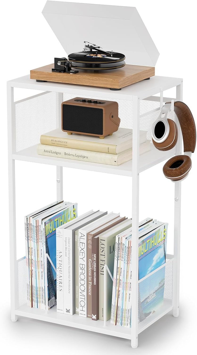 3 Tier End Table,Record Player Stand with Storage up to 100 Albums,Turntable Stand for Vinyl,White Records Shelf for Living Room Bedroom