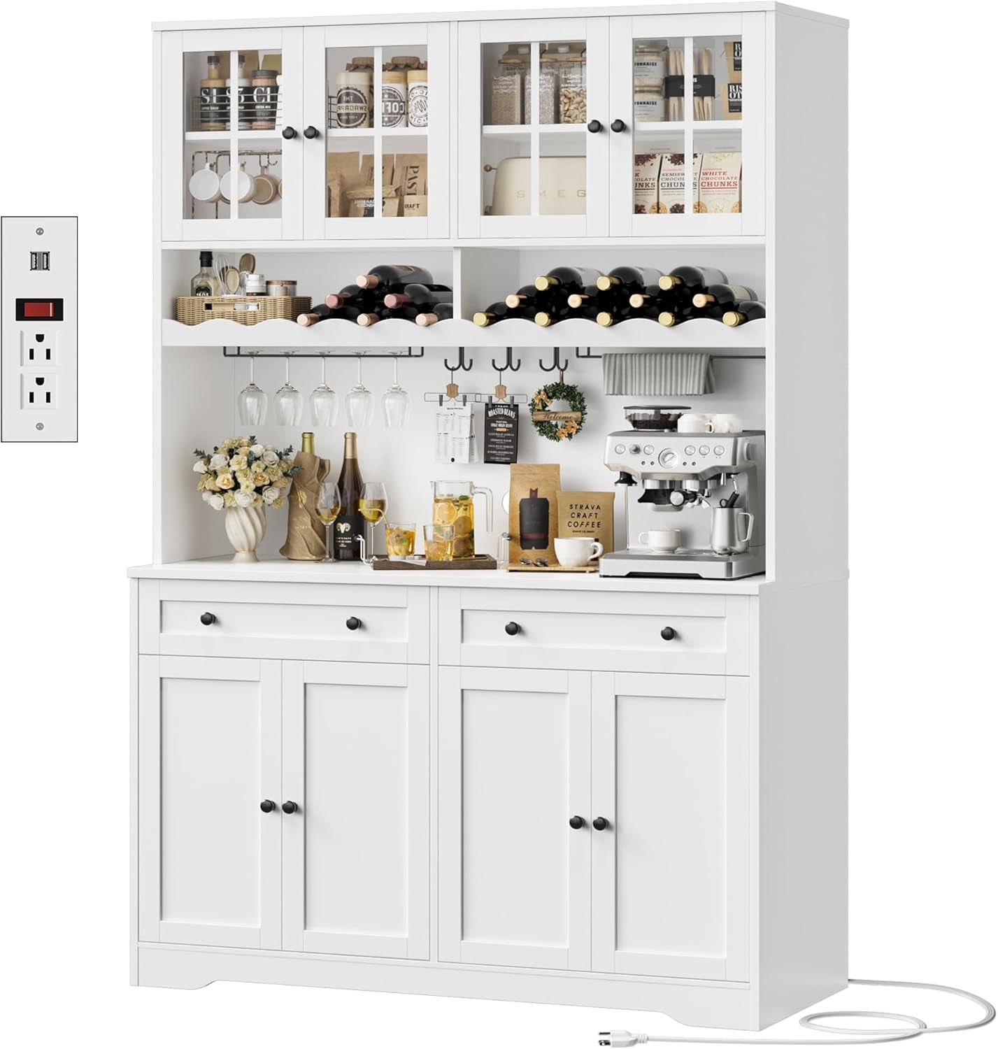 75.4" Tall Kitchen Pantry Cabinet with Charging Station, Modern White Kitchen Hutch with Microwave Stand and Wine Racks, Large Food Pantry Storage Cabinet with Glass Doors and Drawers, White
