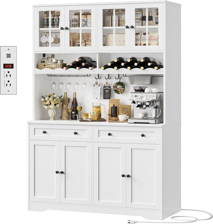 75.4" Tall Kitchen Pantry Cabinet with Charging Station, Modern White Kitchen Hutch with Microwave Stand and Wine Racks, Large Food Pantry Storage Cabinet with Glass Doors and Drawers, White