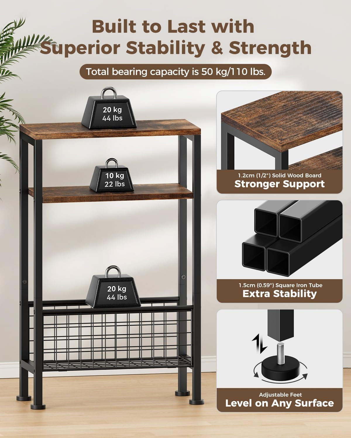 Narrow Side Table, Skinny End Table for Small Spaces with Storage, 3-Tier Slim Wooden Bedside Nightstand Thin Couch Table for Living Room Bedroom Office Dorm Kitchen Bathroom (Rustic Brown)