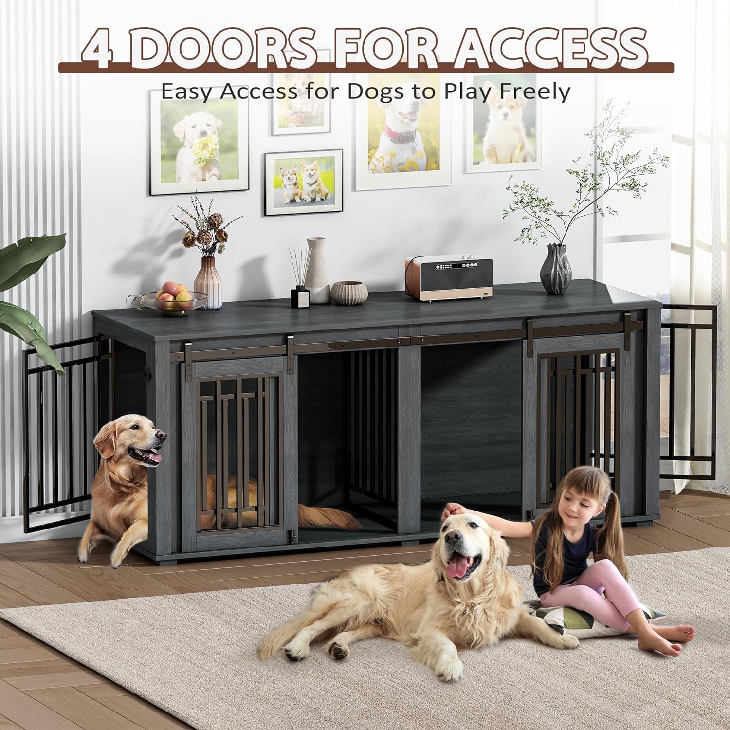 Large Dog Crate Furniture for 2 Dogs, 71.6'' Steel Frame Dog Crate with Double Doors, Heavy Sturdy Kennel for Small Medium Large Dogs, Indoor Double Dog Cage (White)
