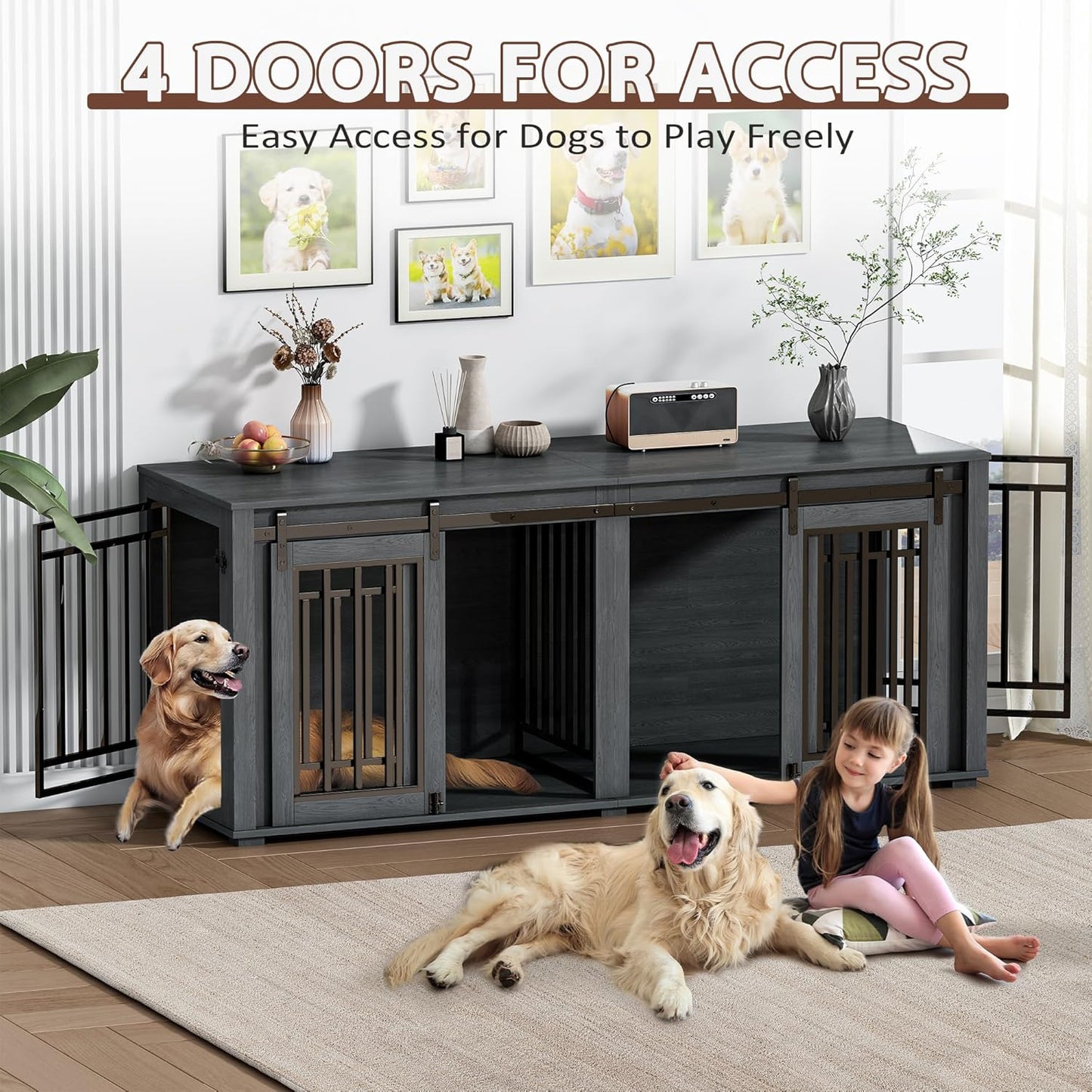 Large Dog Crate Furniture for 2 Dogs, 71.6'' Steel Frame Dog Crate with Double Doors, Heavy Sturdy Kennel for Small Medium Large Dogs, Indoor Double Dog Cage (Black)