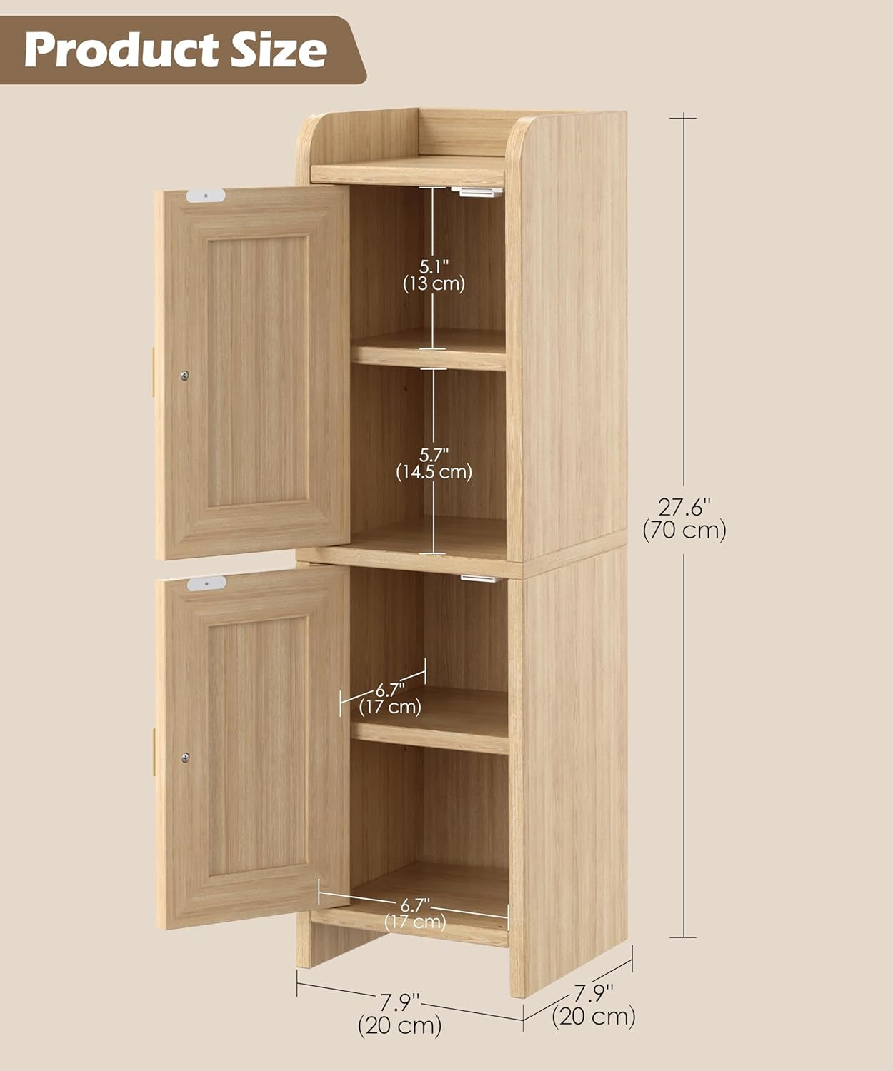 Rattan Small Bathroom Cabinet with 2 Doors, 7.9''D X 7.9''W Narrow Toilet Paper Storage Cabinet, Bathroom Organizer for Small Spaces, Wooden Slim Corner Unit with Adjustable Shelf, Natural Oak
