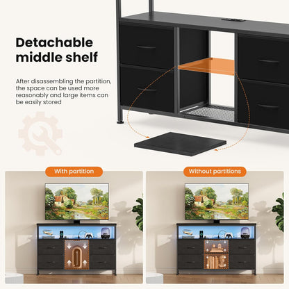 TV Stand Dresser for Bedroom 4 Drawers Entertainment Center with LED Lights and Power Outlets Media Console for 50 Inch TV Living Room Furniture with Open Shelf Adjustable Feet, Black