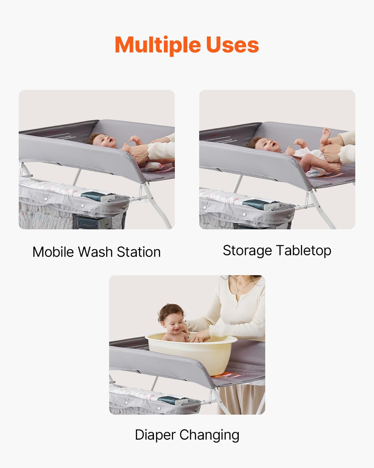 Baby Changing Table, Foldable Diaper Change Station with Side Basket, Adjustable Height Changing Table with Lockable Wheels, Multi-Functional Nursery Storage Organizer, Light Gray