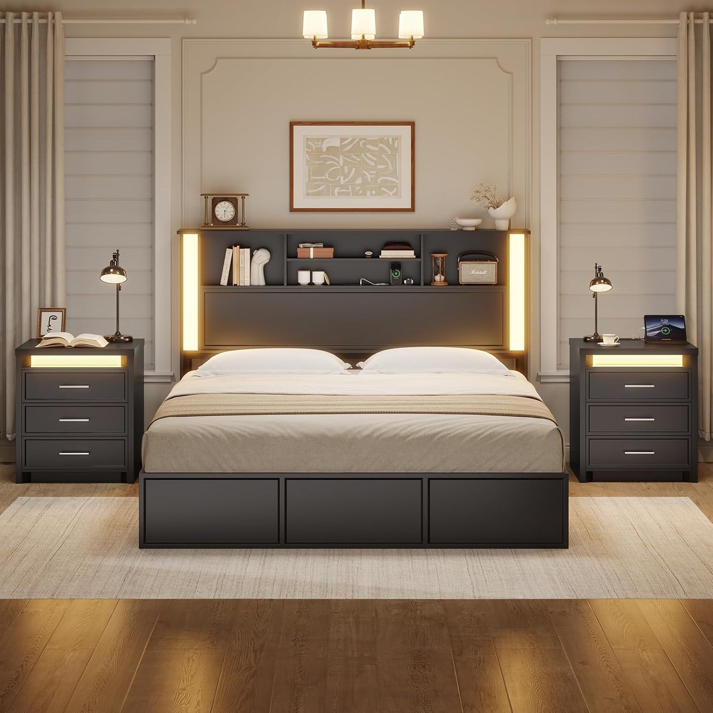 Night Stand with Charging Station,Black Nightstand with 3 Drawer and 3 Color Lightbox, Bedside End Table with Metal Handle for Bedroom (1, Black)