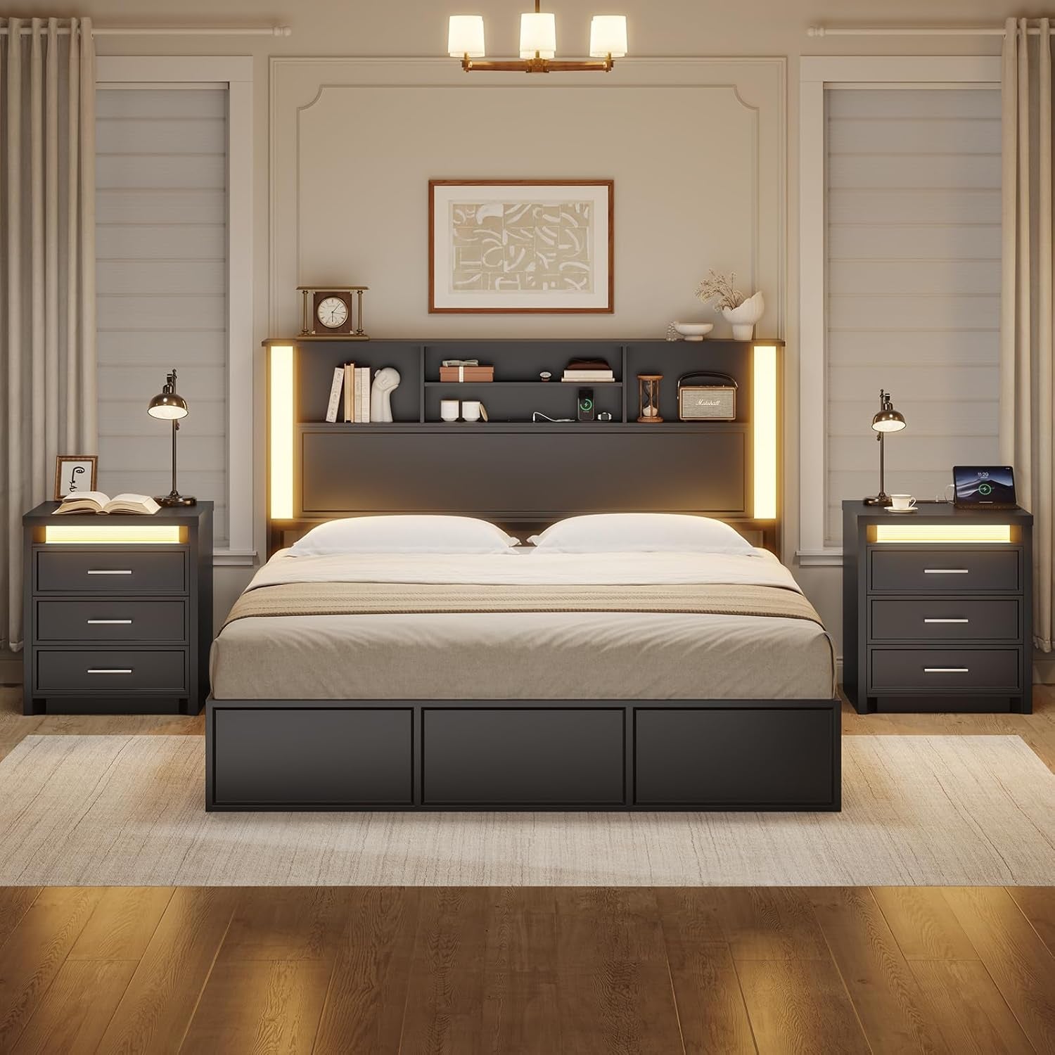 Night Stand with Charging Station,Black Nightstand with 3 Drawer and 3 Color Lightbox, Bedside End Table with Metal Handle for Bedroom (1, Black)